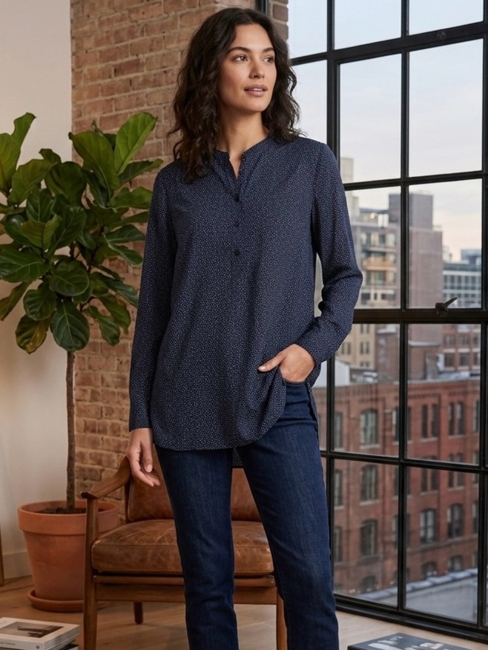 CASLON Navy Polka Dot Popover Blouse Size Medium